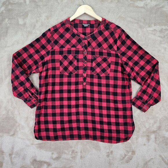 Eddie Bauer Henley Shirt Women's XXL Red Black Buffalo Plaid Long Sleeve Outdoor - Picture 1 of 10
